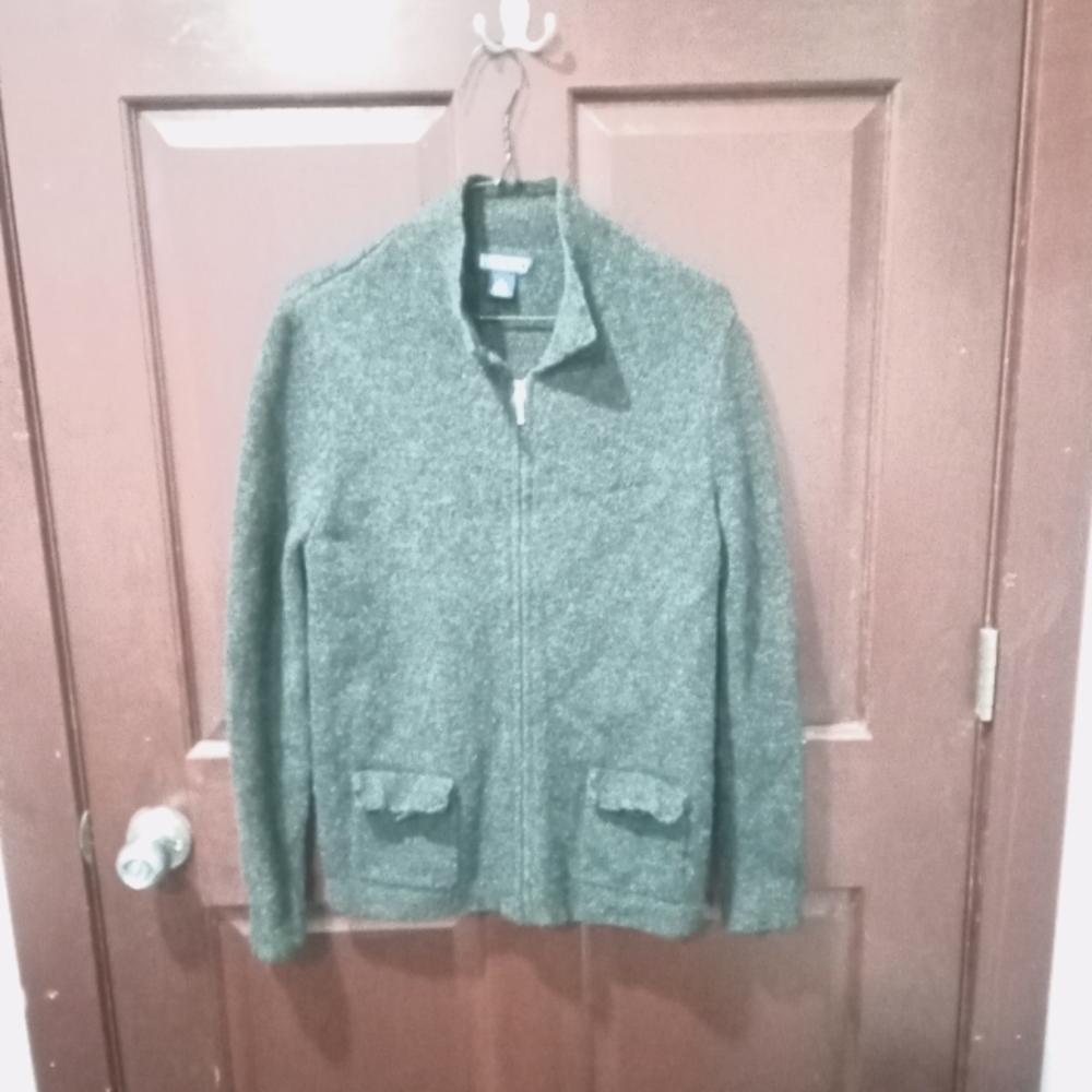 Lands End 100% lamb's wool dark gray full zip sweater size 10/12 M